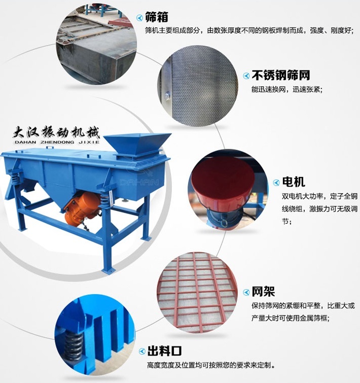 525型直線振動篩結構細節：篩箱：篩機主要組成部分，由數張厚度不同的鋼板焊制而成，強度，剛度好。不銹鋼篩網：能速換網，迅速張緊。電機：雙電機大功率，定子全銅線繞組，激振力可無級調節。網架：保持篩網的緊繃和平整，比重大或產量大時可使用金屬篩框。出料口：高度寬度及位置均可按照您的要求定制。