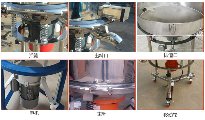 高頻振動篩結(jié)構(gòu)：電機，彈簧，出料口，排渣口，快拆束環(huán)等。