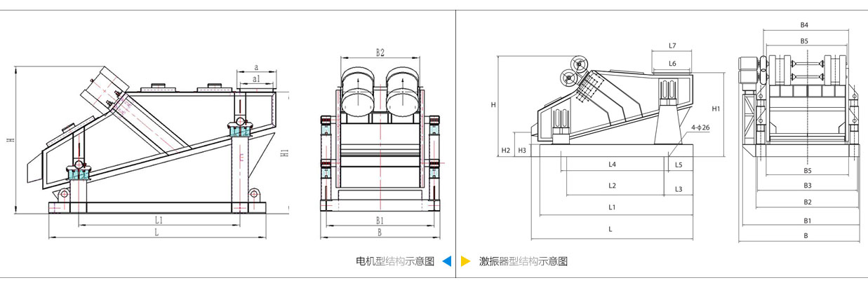 礦用振動篩電機振動式和激振器振動式的內(nèi)部結構尺寸圖。