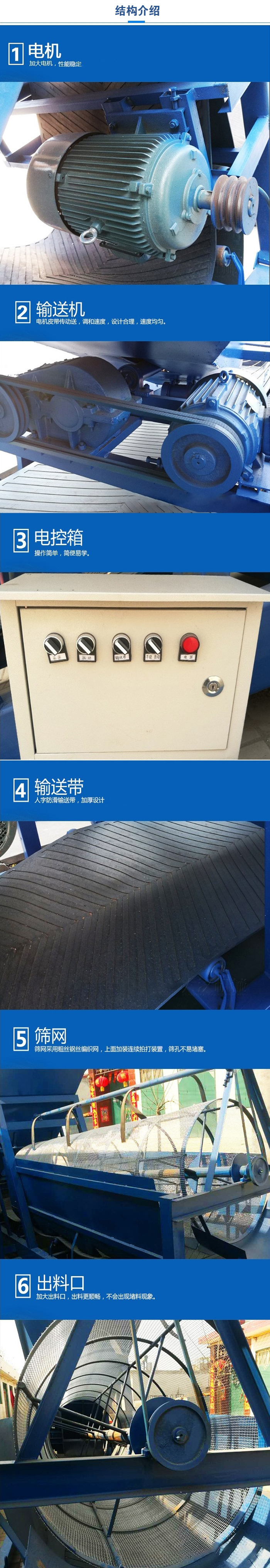 移動篩沙機結構:電機，加大電機，性能相對比較穩定。輸送機：電機皮帶傳動送，調和速度，設計合理，速度均勻。電控箱：操作簡單，簡便易學。輸送帶：人字防滑輸送帶，加厚設計。篩網，采用粗絲鋼絲編織而成的篩網，上面加裝連續拍打裝置，篩孔不易堵塞。出料口：加大出料口，出料更順暢，不會出現堵料現象。