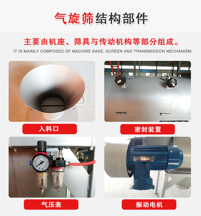 氣旋篩結構：入料口，密封裝置，電機，氣壓表等